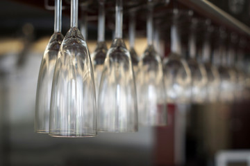 List of Bar Glasses close up in the line in restaurant in hotel at Tai o, hong kong china