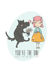 Valentines day greeting card with couple in love in modern flat line art style