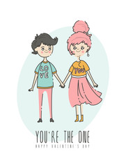 Valentines day greeting card with couple in love in modern flat line art style