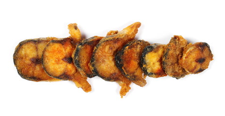 Fresh fried fish, atlantic mackerel (Scomber scombrus) isolated on white 
