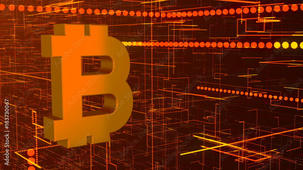 Poster abstract technology background with bitcoin sign. 3d rendering
