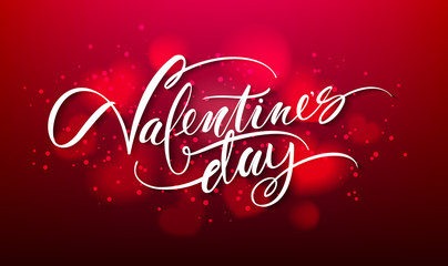 Happy valentines day handwritten text on blurred heart background. Vector illustration EPS10