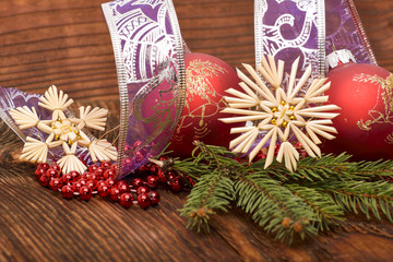 Christmas decorations and ornament on wooden background