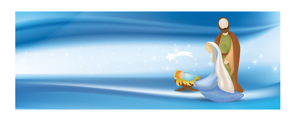Nativity scene with holy family- web banner on elegant blue background