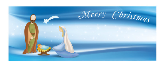 Web banner nativity scene with holy family - Jesus - Mary - Joseph - text merry christmas -on elegant blue background