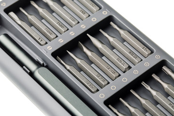 bits for screwdriver. Tool set for household use. Nozzles and adapters for screwdrivers. Head...