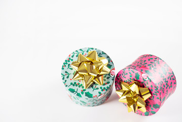 christmas decoration on bright background, gift boxes and tree