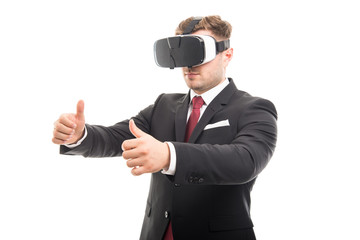 Manager wearing vr goggles gesturing something