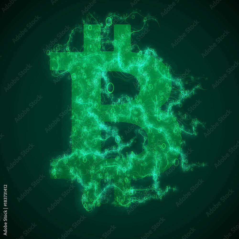 Poster vector green bitcoin symbol constructed with flowing binary numbers. bitcoin, blockchain transfer. c
