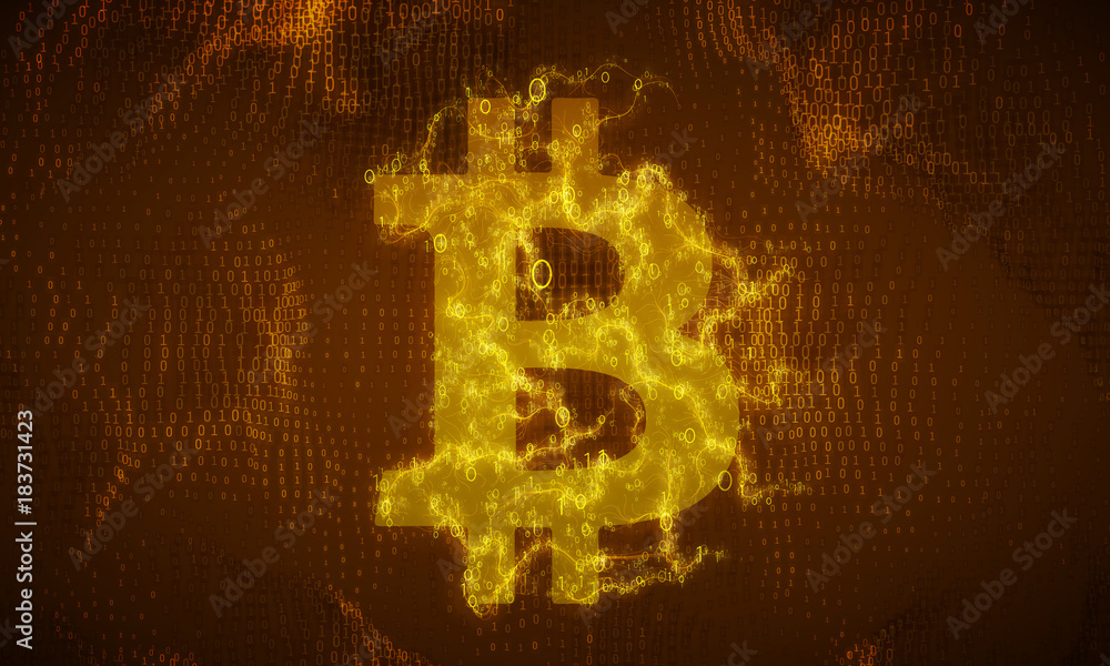 Poster vector golden bitcoin symbol constructed with flowing binary numbers. bitcoin, blockchain transfer. 