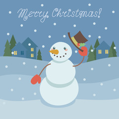 Christmas card with cute snowman on background with winter landscape. Vector illustration