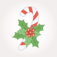 Christmas candy cane with green holly leaves and berries. Vector illustration