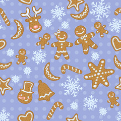 Seamless blue Christmas pattern with cute gingerbread men and other cookies. Vector illustration