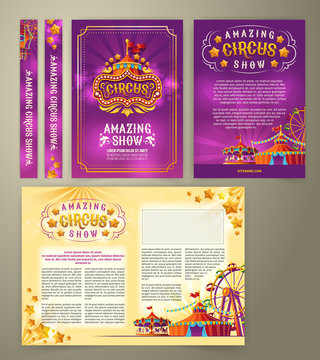 Vector circus flyer, cartoon banner, purple background with vintage emblem of the cirque and space for your text. Poster for advertising an amazing circus show, invitation, admission ticket