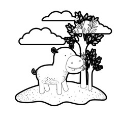hippopotamus cartoon in outdoor scene with trees and clouds in black silhouette with thick contour vector illustration