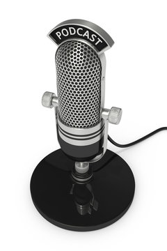 3d render of  microphone with podcast text