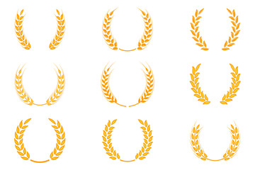 Gold laurel wreath - a symbol of the winner. Wheat ears or rice icons set.