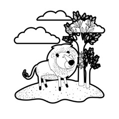 lion cartoon in outdoor scene with trees and clouds in black silhouette with thick contour vector illustration