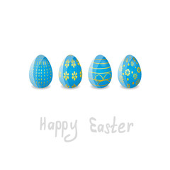 a row of blue Easter eggs with golden patterns on the white background