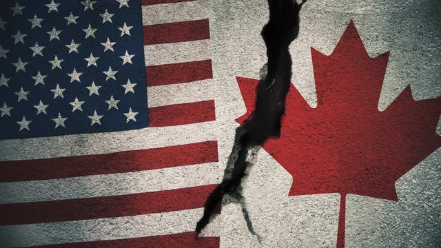 United States vs Canada Flags on Cracked Wall