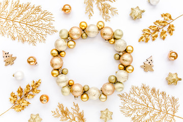 Christmas or new year texture. Christmas decorations in gold colors. Holiday and celebration concept. Top view. Flat lay
