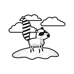 raccoon cartoon in outdoor scene with clouds in black silhouette with thick contour vector illustration