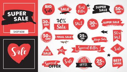 Obraz premium Super Sale labels, red modern hand drawn stickers and tags