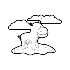 hippopotamus cartoon in outdoor scene with clouds in black silhouette with thick contour vector illustration