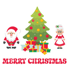 cartoon cute santa claus with christmas fir tree and gifts and mrs santa vector