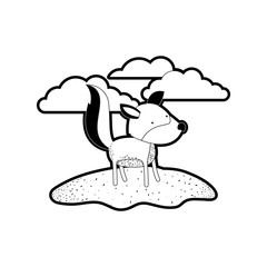 wolf cartoon in outdoor scene with clouds in black silhouette with thick contour vector illustration