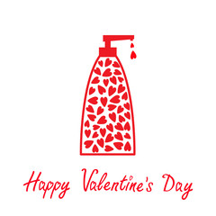 Valentines day. Love card. Tube of cream with hearts inside. Body lotion shampoo gel. Heart drop falling down. Bottle dispenser. Red line art packaging. Isolated. White background. Flat design