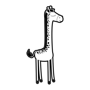 female giraffe cartoon with closed eyes expression in black silhouette with thick contour vector illustration