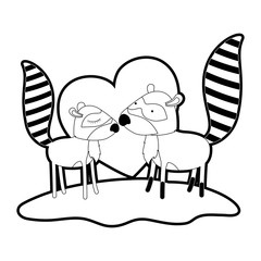 raccoon couple over grass with black sections silhouette and thick contour and heart in background vector illustration