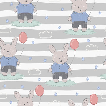 Hand drawn vector pattern of cute rabbit and balloon