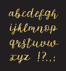 Fototapeta na wymiar Golden glitter alphabet. Brush glowing vector font. Handdrawn calligraphy font.