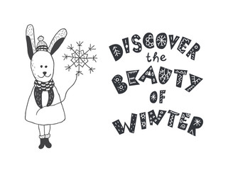 Funny rabbit and winter quote. Nursery art. Minimalist scandinavian style.