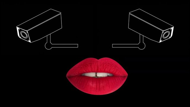 sequence of different images of woman's beautiful full red lips and cctv cameras as eyes