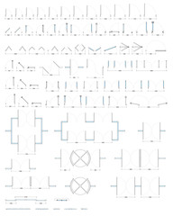 Set of different doors and windows with dimensions in plan view.  Vector drawing.  Isolated doors in the top view.  Architectural scheme.