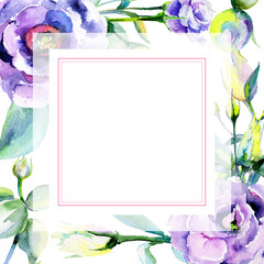 Wildflower eustoma flower frame in a watercolor style. Full name of the plant: eustoma, marigolds. Aquarelle wild flower for background, texture, wrapper pattern, frame or border.