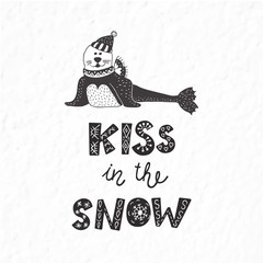 Winter postcard with quote and phrase. Funny seal.