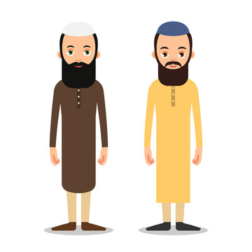 Arab or Muslim man stand in the traditional clothing. Isolated characters of representatives of Islam on a white background in a flat style