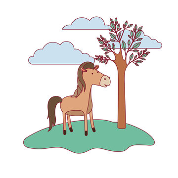 horse cartoon in forest next to the trees in colorful silhouette with thin contour vector illustration