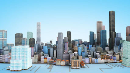 Architectural 3D model illustration of a large city on a blue background © nosorogua
