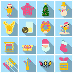 Set of winter New Year and Christmas icons in flat style with shadow