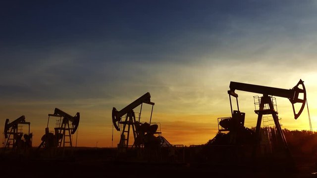 many working oil pumps silhouette against sunset, 4k
