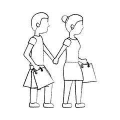 couple walking with shopping paper bag vector illustration sketch