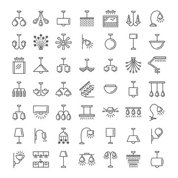 Indoor lighting. Wall, table and ceiling lamps. Vector line icons.