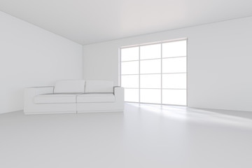 Sofa on white room with large window. 3d rendering.