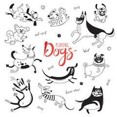 Playing dogs. Funny lap-dog, happy pug, mongrels and other breeds. Set of isolated vector drawings for design - 183743206