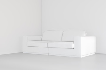White room with sofa and empty background wall. 3d rendering.